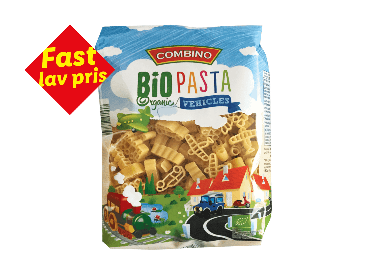 Pakke med økologisk pasta formet som køretøjer med teksten 'Fast lav pris'.