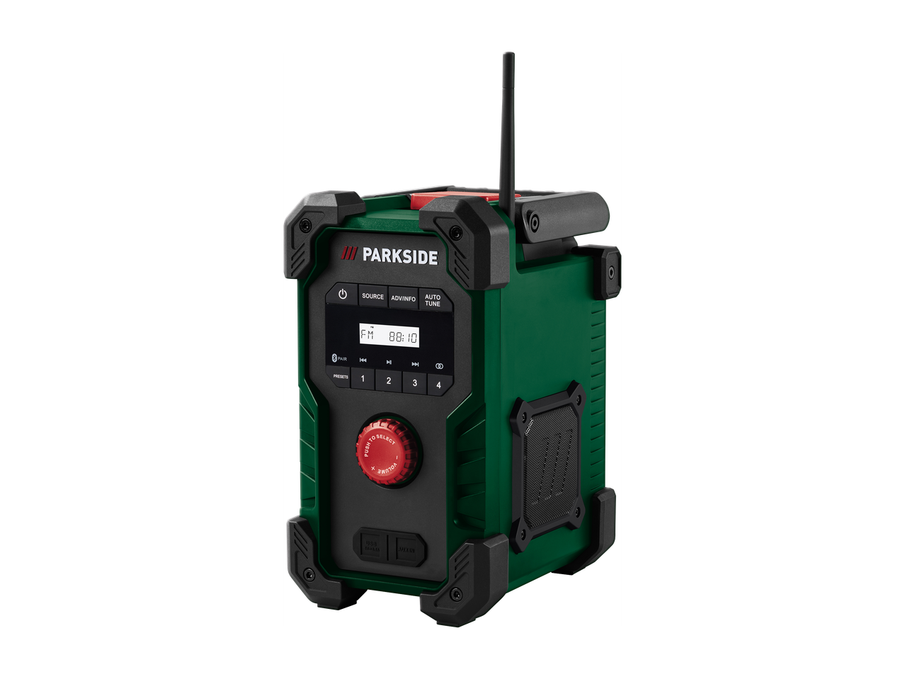 Zeleni delovni radio z zaslonom, gumbi in rdečim gumbom za glasnost.