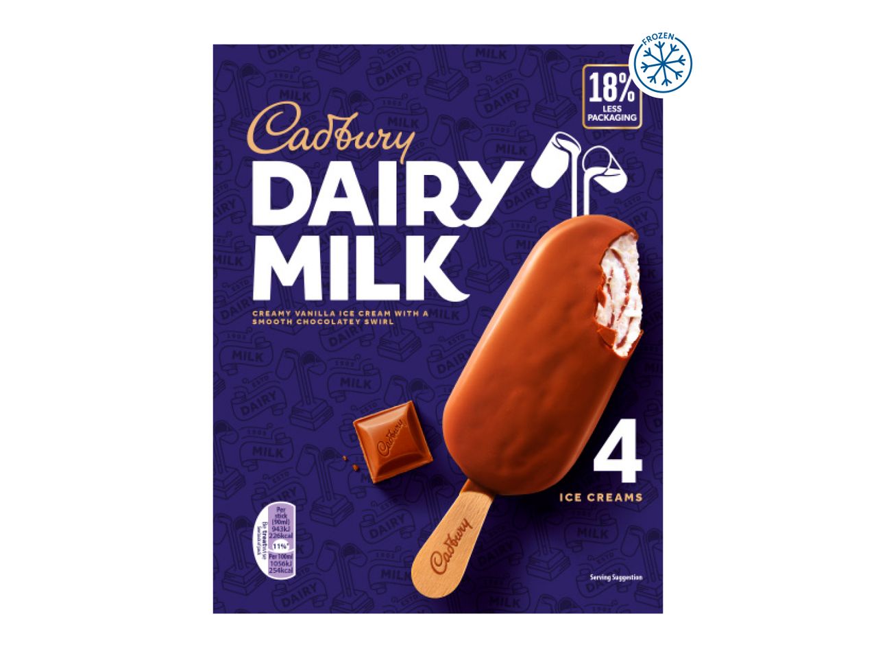 Cadbury Dairy Milk ice cream bars with vanilla and chocolate swirl, 4-pack.