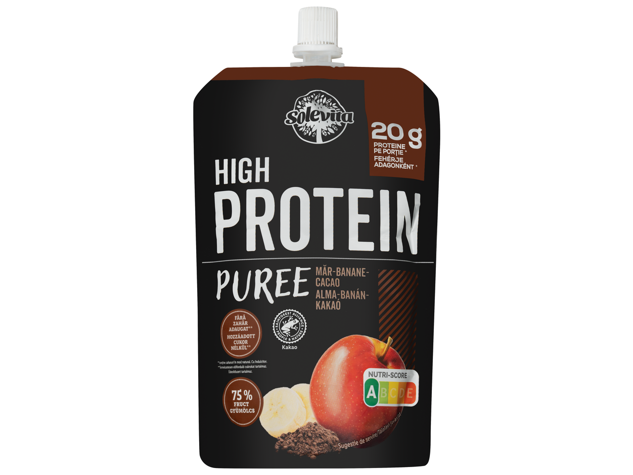 Solevita Magas Fehérjetartalmú Püré alma, banán és kakaó ízzel, 20g fehérje, hozzáadott cukor nélkül.