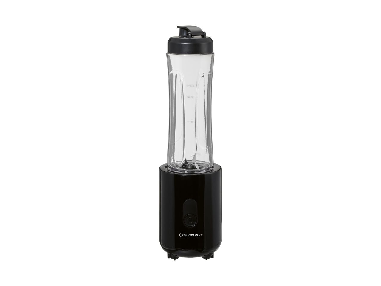 A black and clear SilverCrest personal blender with a travel lid.