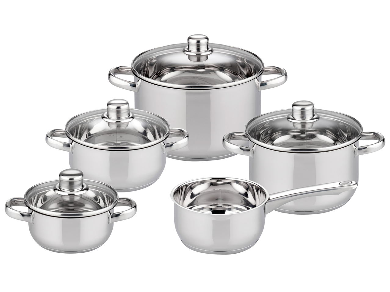 Комплект от пет тенджери и тиган от неръждаема стомана с прозрачни капаци.