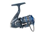 Blue and silver fishing reel with a metallic finish and visible line capacity details.