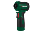 A green and black Parkside® 12V Cordless Mini Blower and Duster with a red trigger.