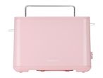 Pink toaster with a metal handle and a control knob on the side.