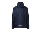 Dark blue waterproof jacket with a hood and a reflective strip on the back.