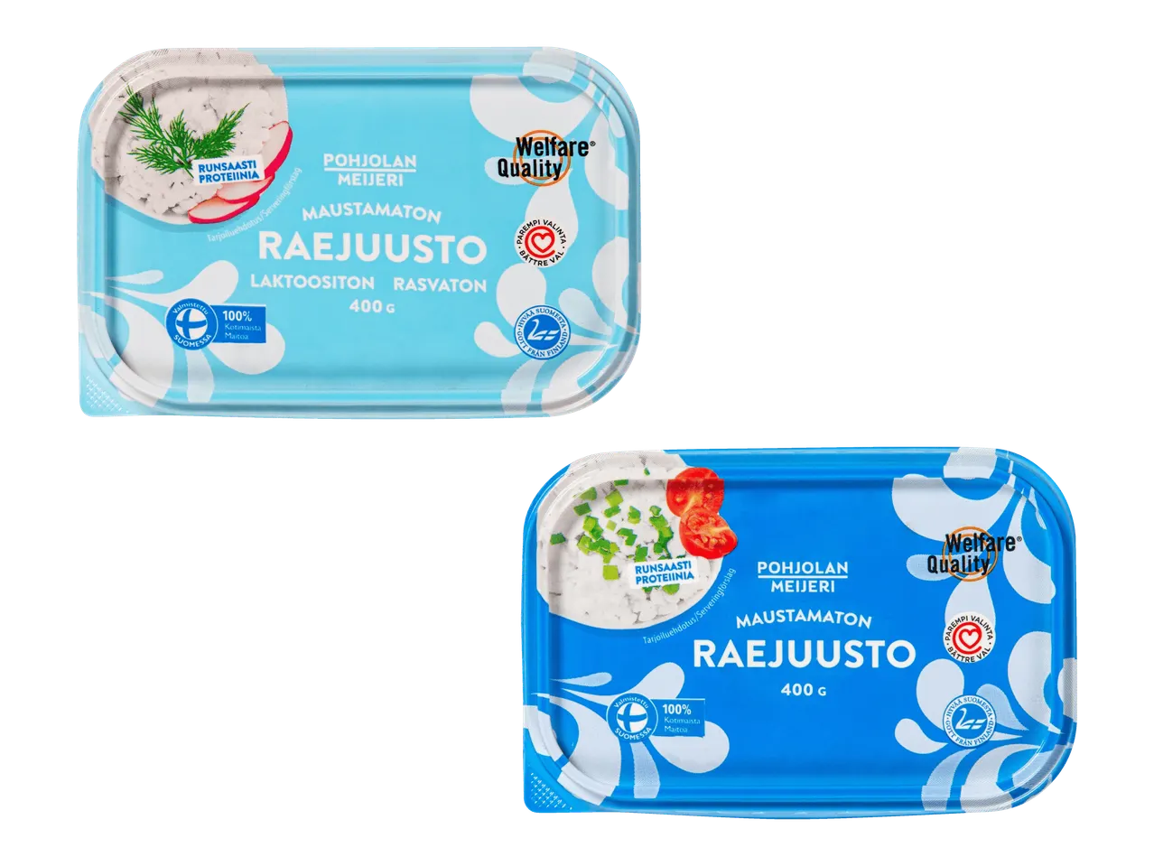 Kaksi pakkausta maustamatonta raejuustoa, joissa on runsaasti proteiinia ja jotka ovat laktoosittomia ja rasvattomia.