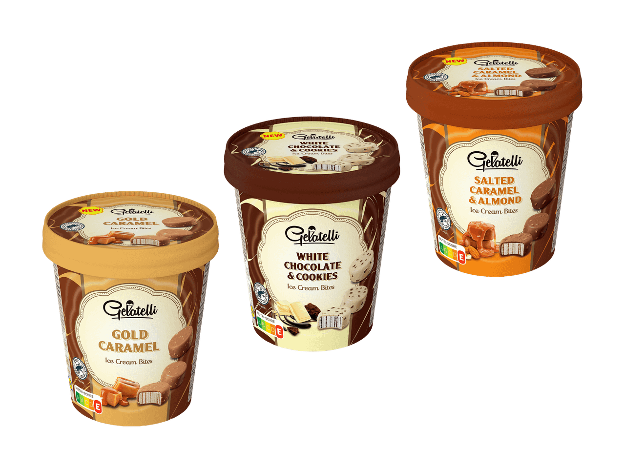 Drei Becher Eiscreme-Häppchen: Goldkaramell, weiße Schokolade & Kekse, und gesalzenes Karamell & Mandel.