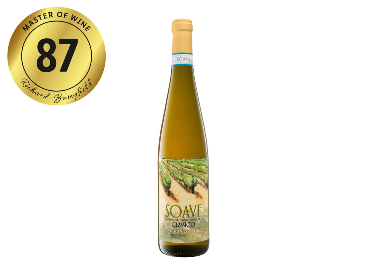 White wine bottle with a vineyard label and a gold medal rating of 87 by a Master of Wine.