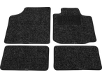 Four dark grey car floor mats with a textured surface, one featuring a 'GG' logo.