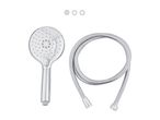 Chrome-plated shower head and flexible shower hose with three small washers.