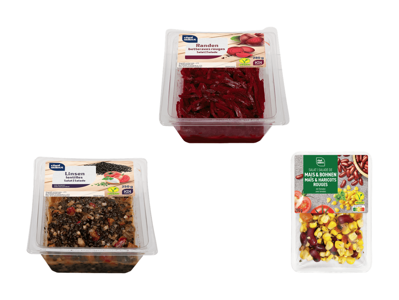 Tre insalate pronte: barbabietole rosse, lenticchie con pomodori, mais e fagioli rossi con pomodori.