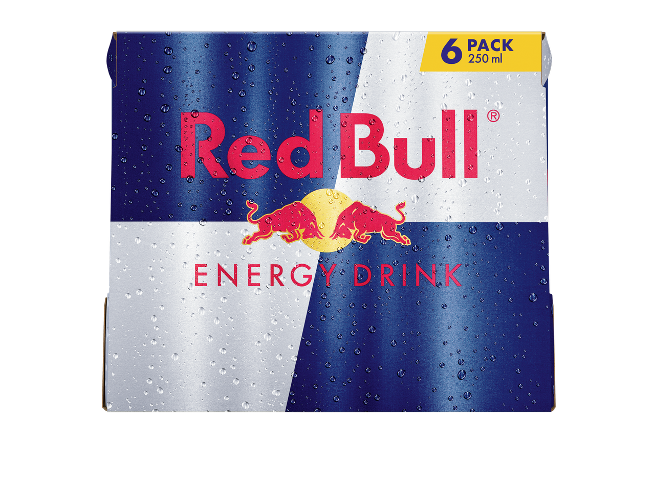Pack de 6 boissons énergisantes Red Bull avec des gouttelettes d'eau sur l'emballage