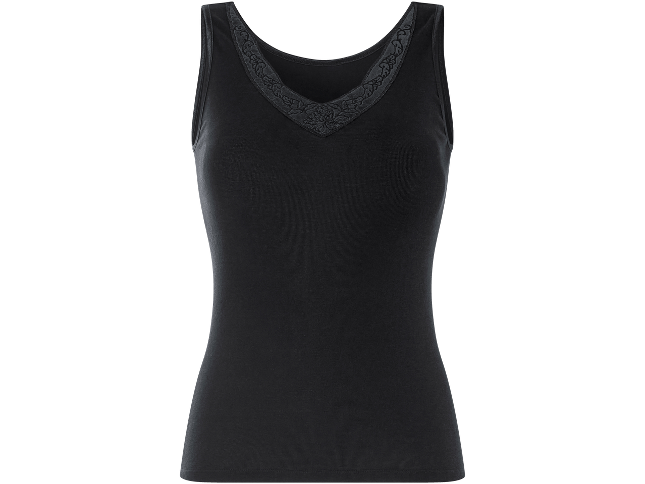 ESMARA moteriški marškinėliai, juodi, su V formos iškirpte ir nėriniais