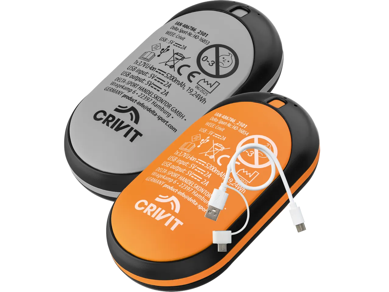 Två Crivit powerbanks, en grå och en orange, med specifikationer och en USB-kabel.