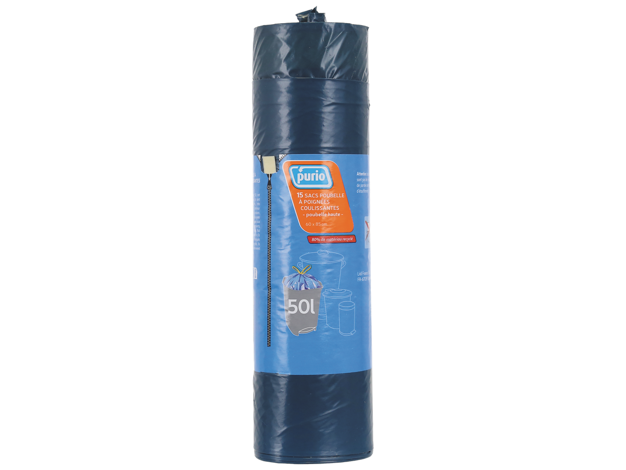 Rouleau de 15 sacs poubelle coulissants de 50L, fabriqués à 80% de matière recyclée.