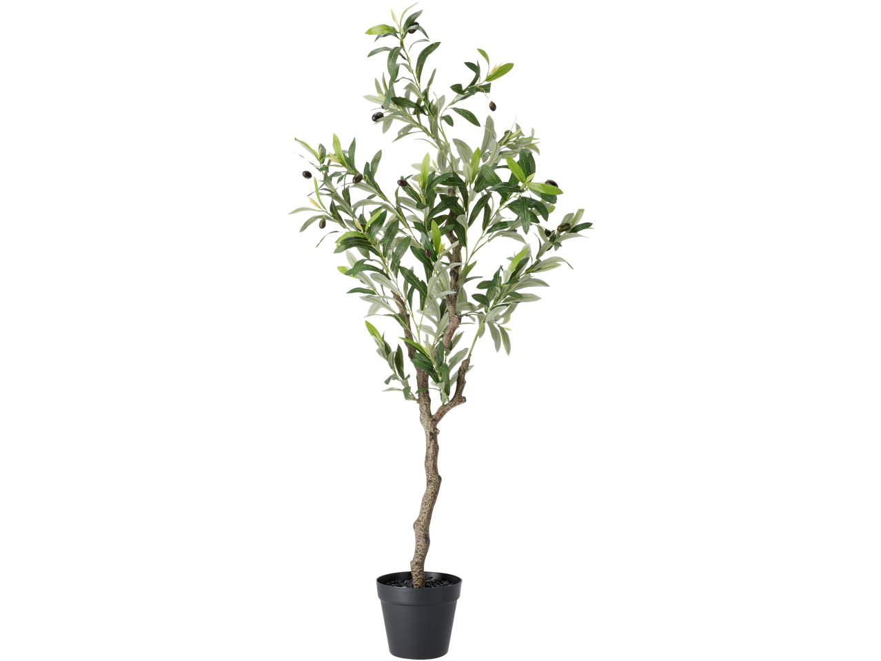 Artificial olive tree with green leaves and black olives in a black pot.