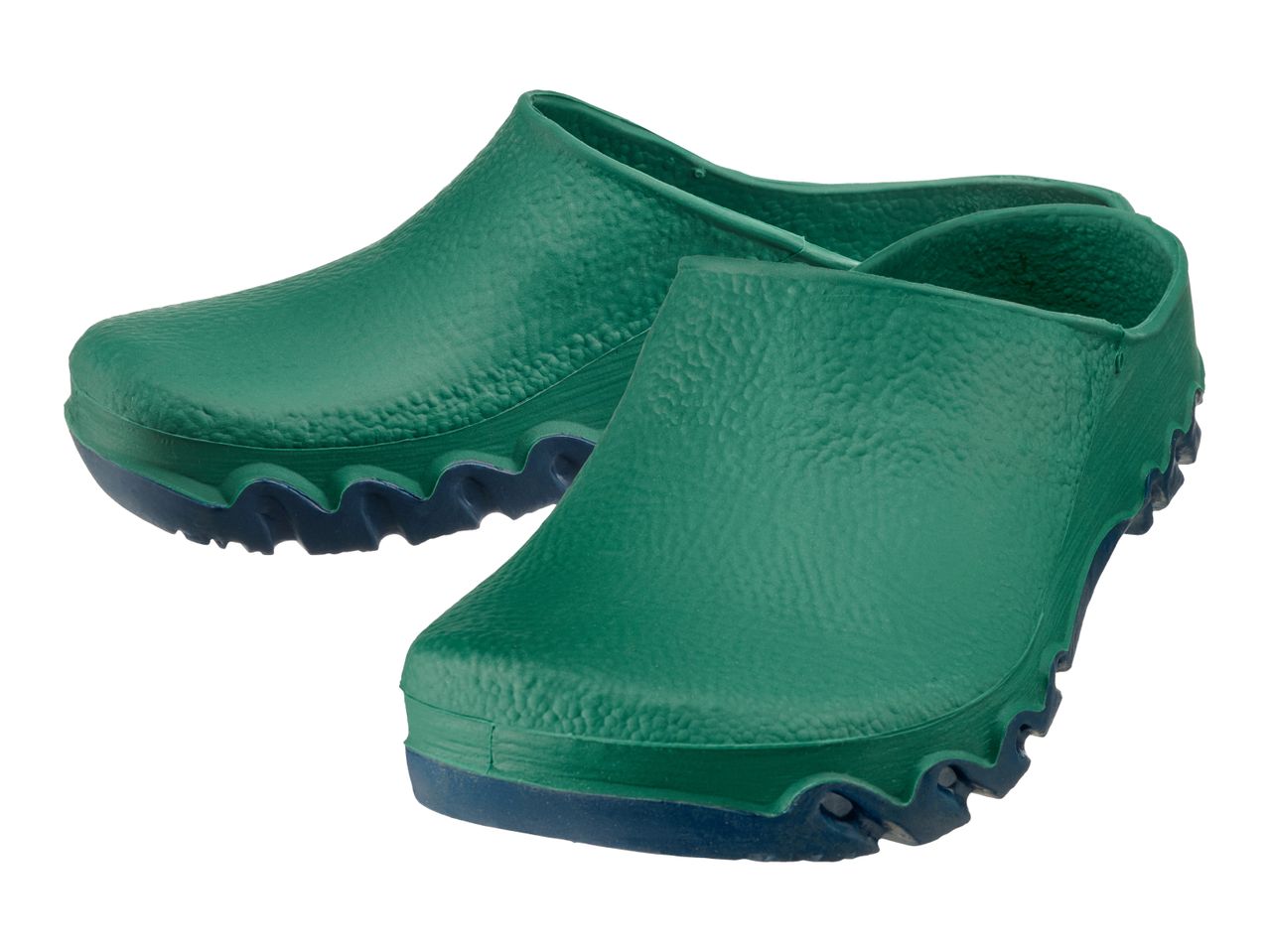 Pair of green garden clogs with blue soles