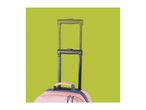 Close-up of a pink suitcase with a retractable handle against a green background.