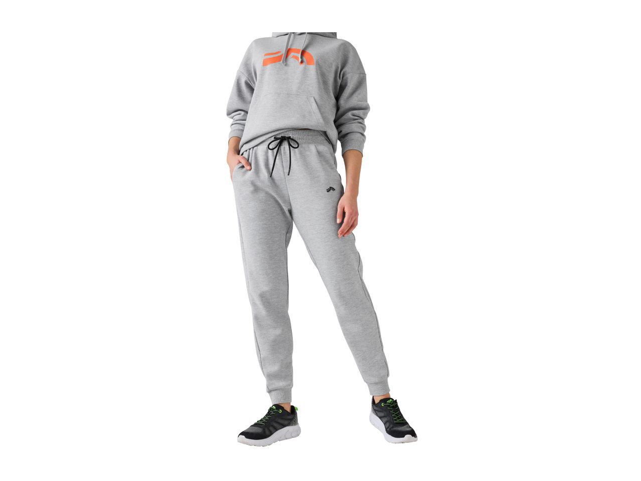 Grey hoodie and sweatpants set with black and green sneakers