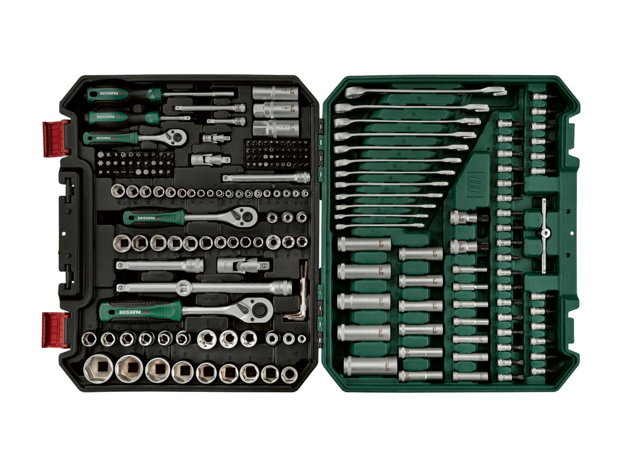 Et omfattende værktøjssæt med skruenøgler, toppe, skruetrækkere og bits i en åben kuffert.