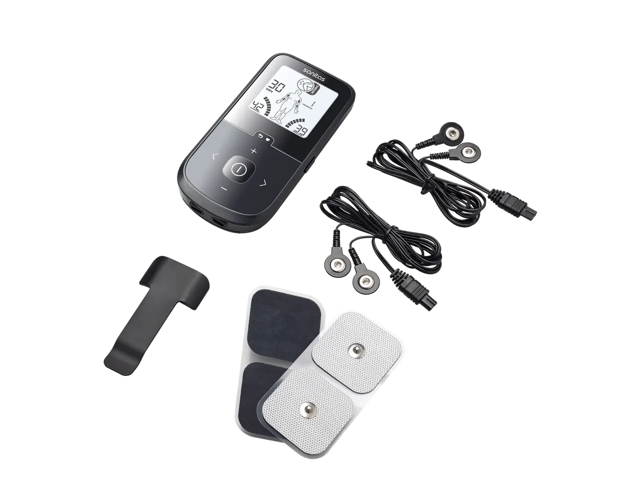 Sanitas® 3-in-1 elektrostimuliacijos prietaisas su elektrodais ir priedais.