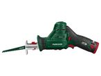 A green and black cordless reciprocating saw with a blade attached.