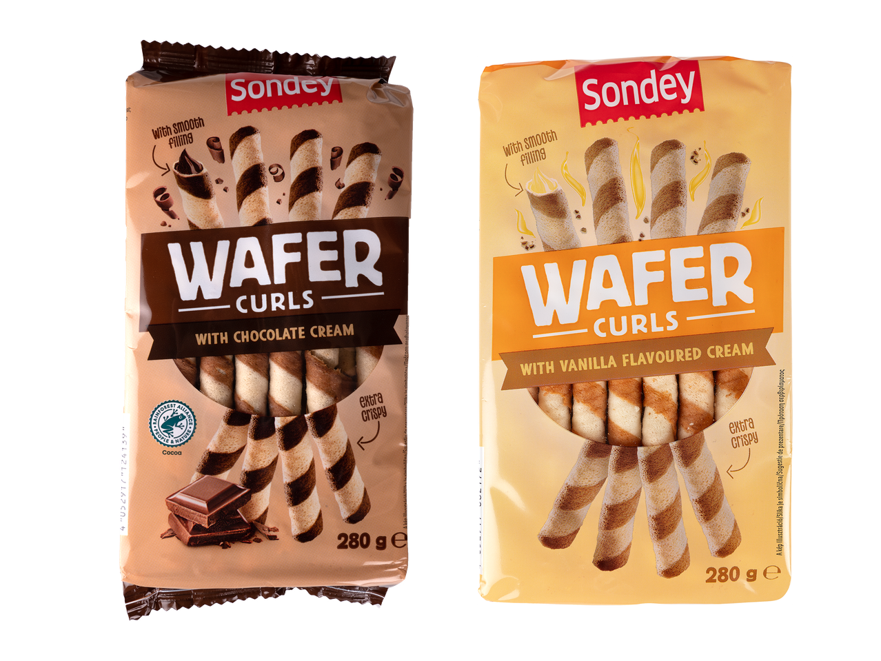 Două pungi de napolitane ondulate, una cu cremă de ciocolată și una cu cremă de vanilie.