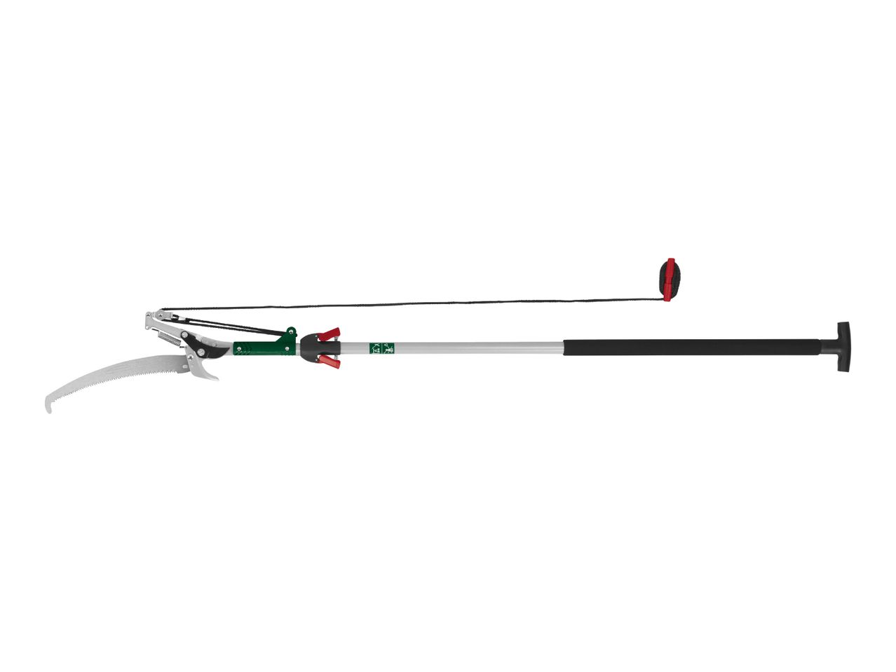 Long-reach tree pruner with a saw blade and rope mechanism.