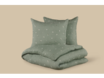 Livarno Home Premium Muslin Duvet Cover Set in sage green with small white floral pattern.