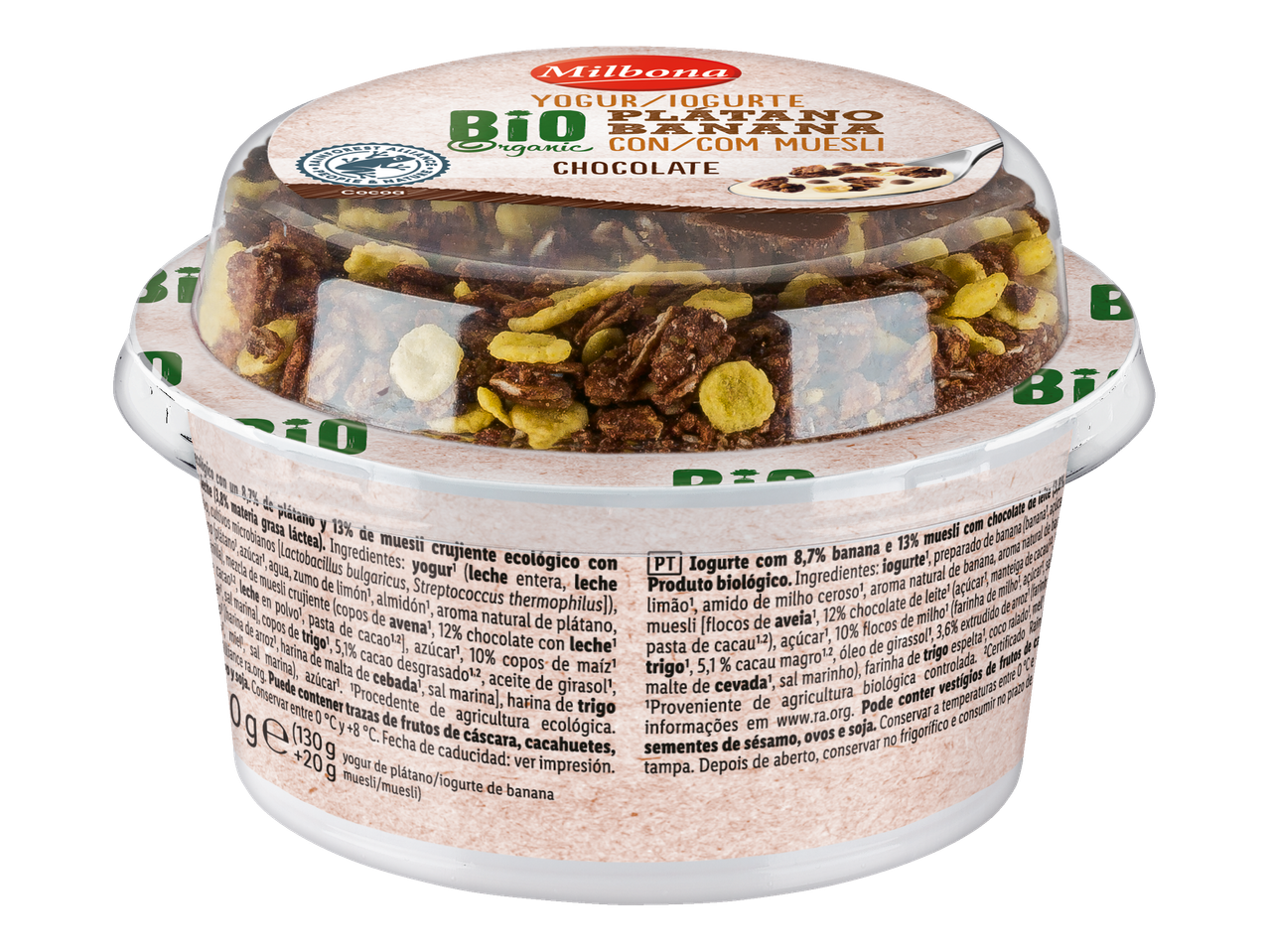Iogurte bio Milbona com banana e muesli de chocolate.