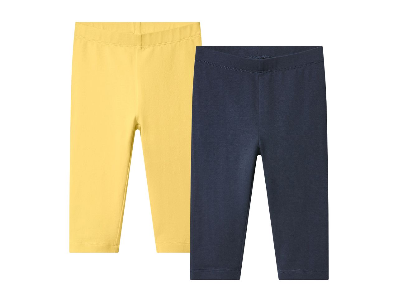 Zwei Leggings für Kinder, eine gelbe und eine dunkelblaue, auf weißem Hintergrund.