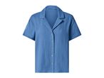 Blue short-sleeved button-up shirt with a textured fabric and a relaxed collar.