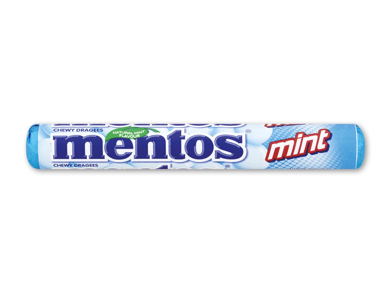 En pakke tyggepastiller med mintsmag i blåt og hvidt emballage.