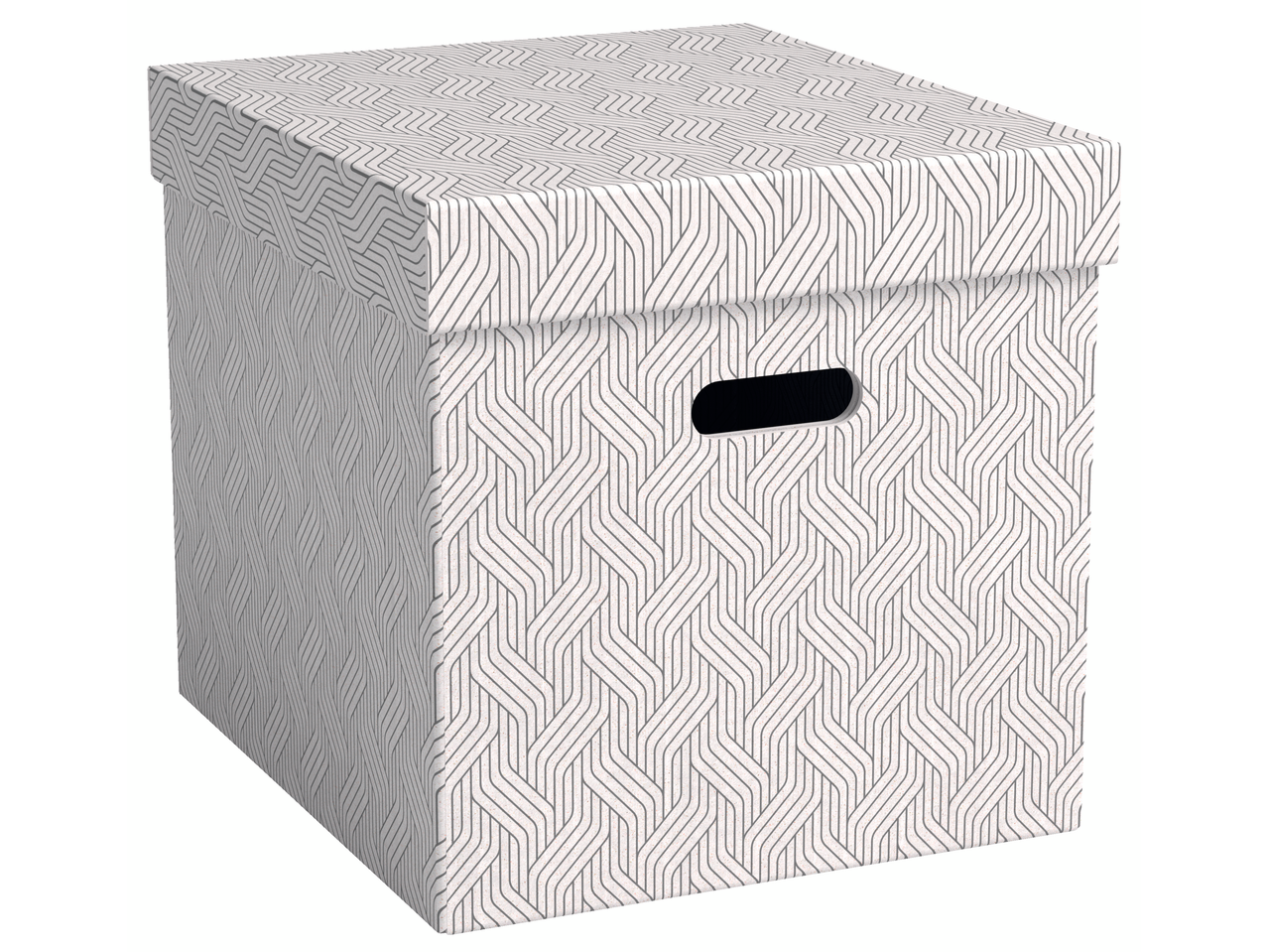 Caixa de arquivo Von Leitz com padrão geométrico de linhas cinzentas e pegas pretas.