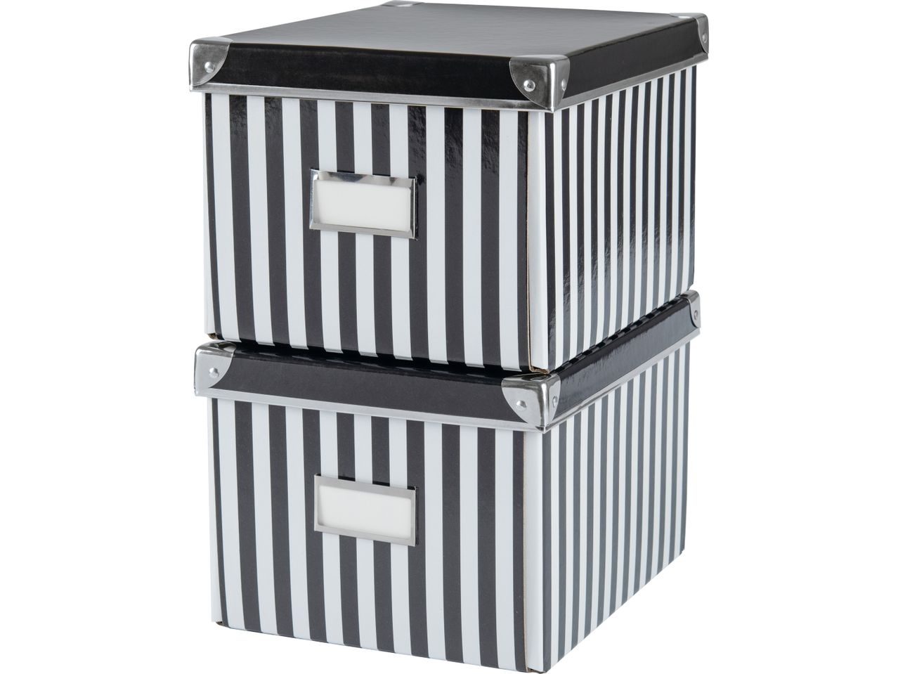 Two stackable striped storage boxes with labels.