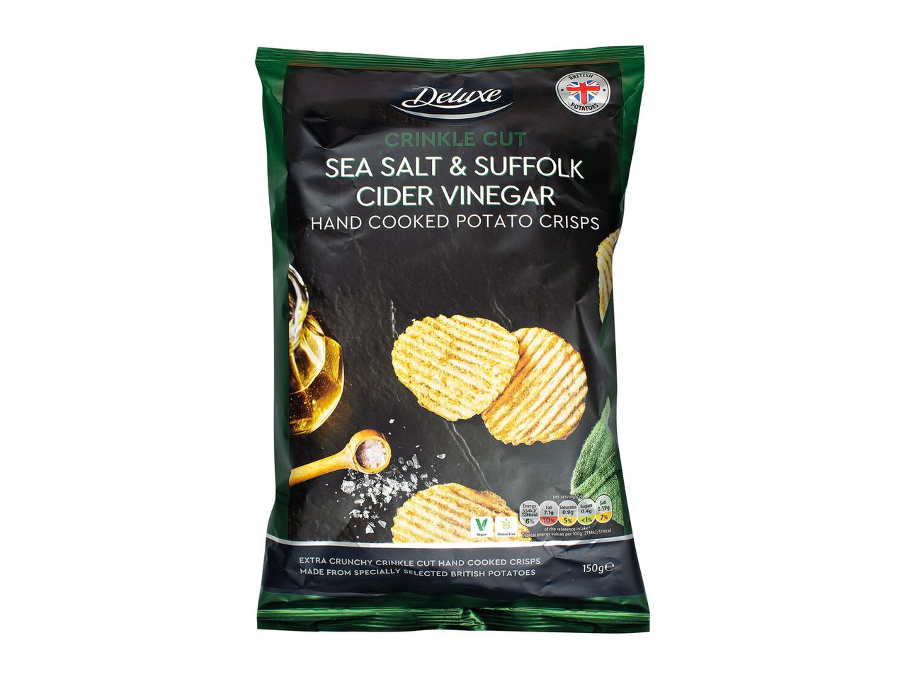 Deluxe crisps: crunchy, crinkle cut, sea salt & Suffolk cider vinegar.