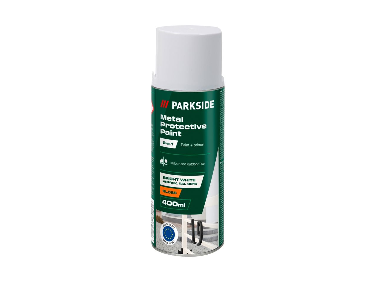 Parkside Metal Protective Paint, 400ml gloss bright white, 2-in-1 paint and primer for indoor and outdoor use.