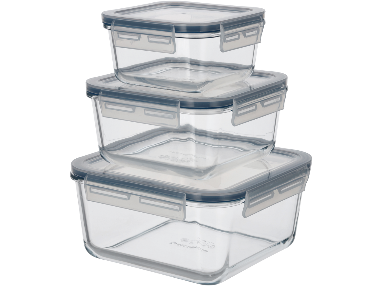 Virnastatud klaasist toidukarbid hallide kaante ja klambritega.