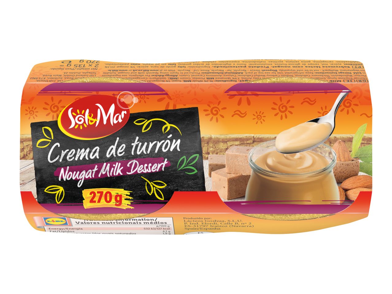 Nougat milk dessert with almonds, showing nutritional information and ingredients.