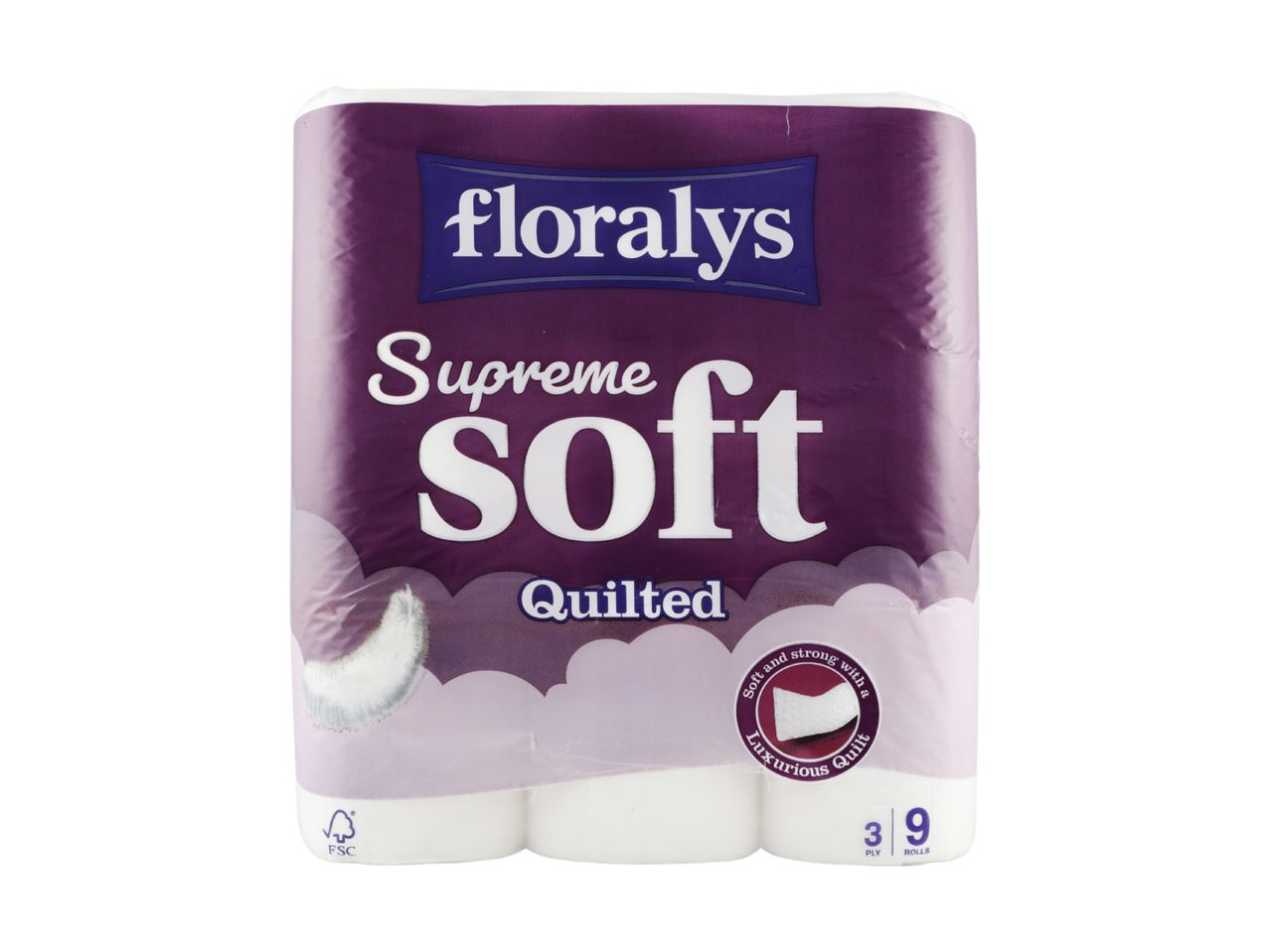 Floralys Supreme Soft Quilted toilet paper, 9 rolls, 3 ply.