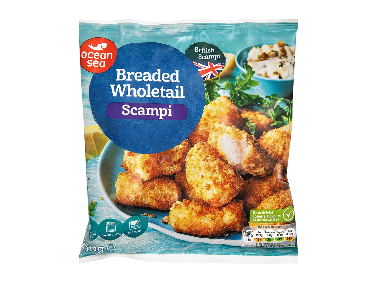 Ocean Sea: Breaded wholetail scampi.
