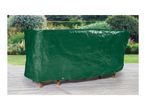 A dark green waterproof cover protects outdoor patio furniture on a deck.