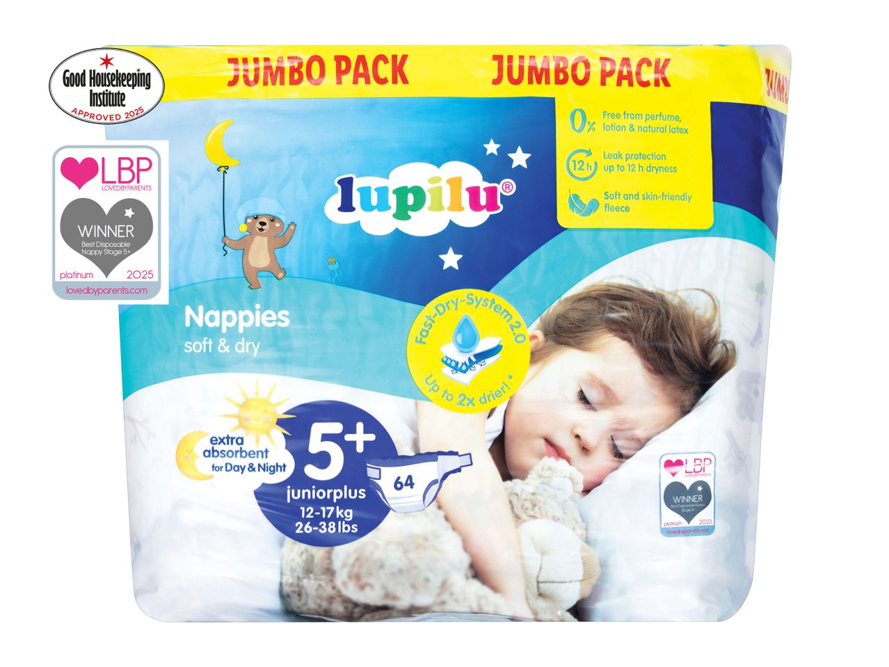 Lupilu nighttime baby nappies, jumbo pack, size 5+.