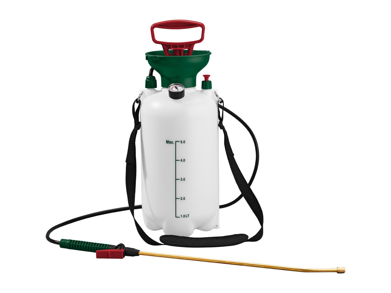 White garden pressure sprayer with a red handle, green funnel, and a long spray wand.