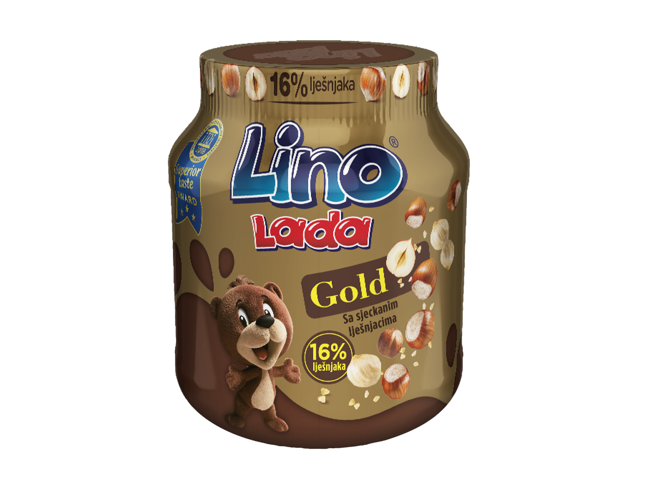 Tegla čokoladnog namaza sa lešnicima, sa natpisom „Gold“ i 16% lešnika.