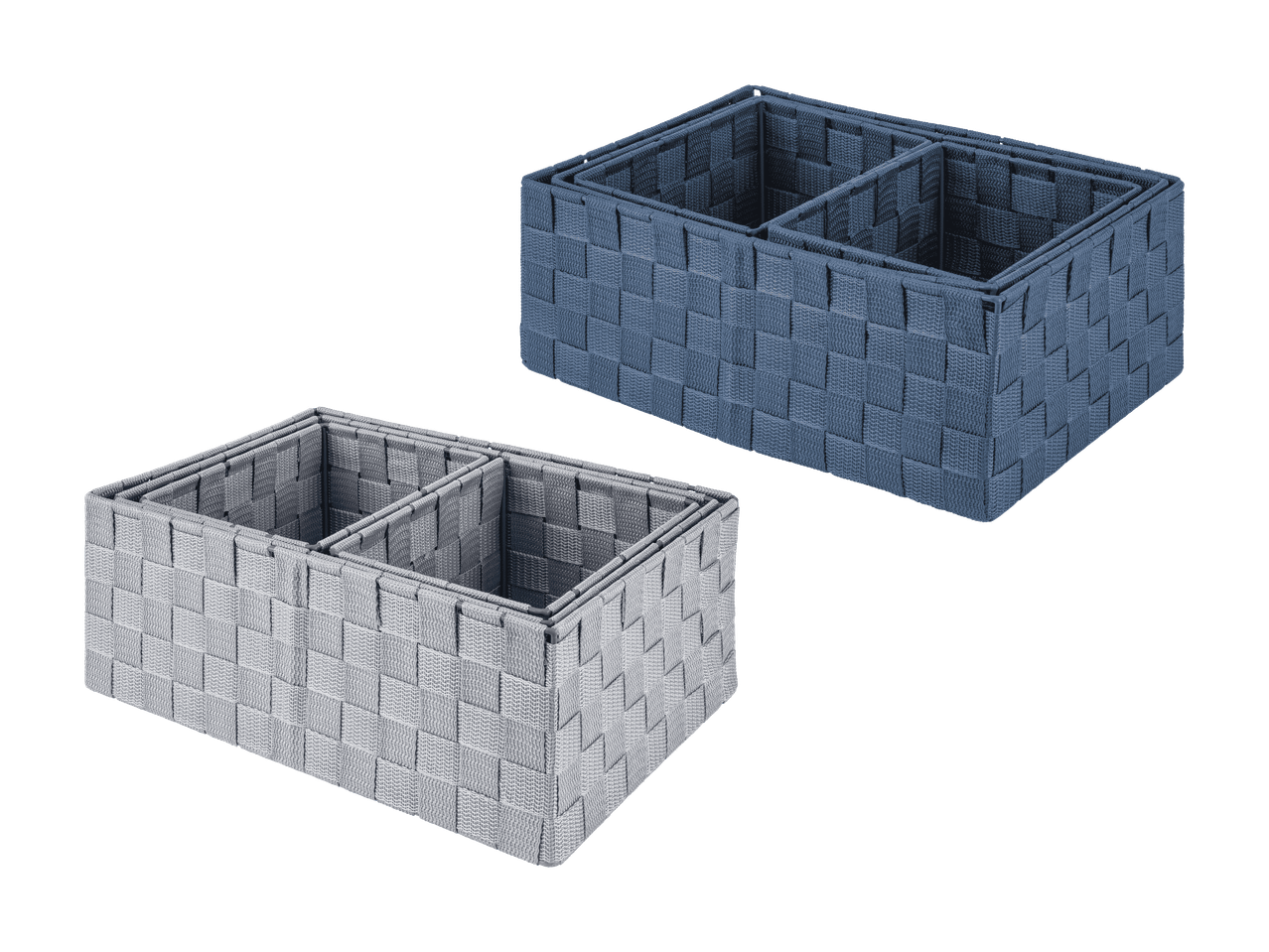 Due contenitori portaoggetti in tessuto intrecciato, uno grigio e uno blu.