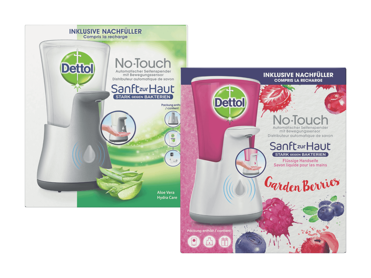 Zwei Dettol No-Touch Seifenspender, einer in Grün mit Limetten-Duft, der andere in Rosa mit Beerenduft.