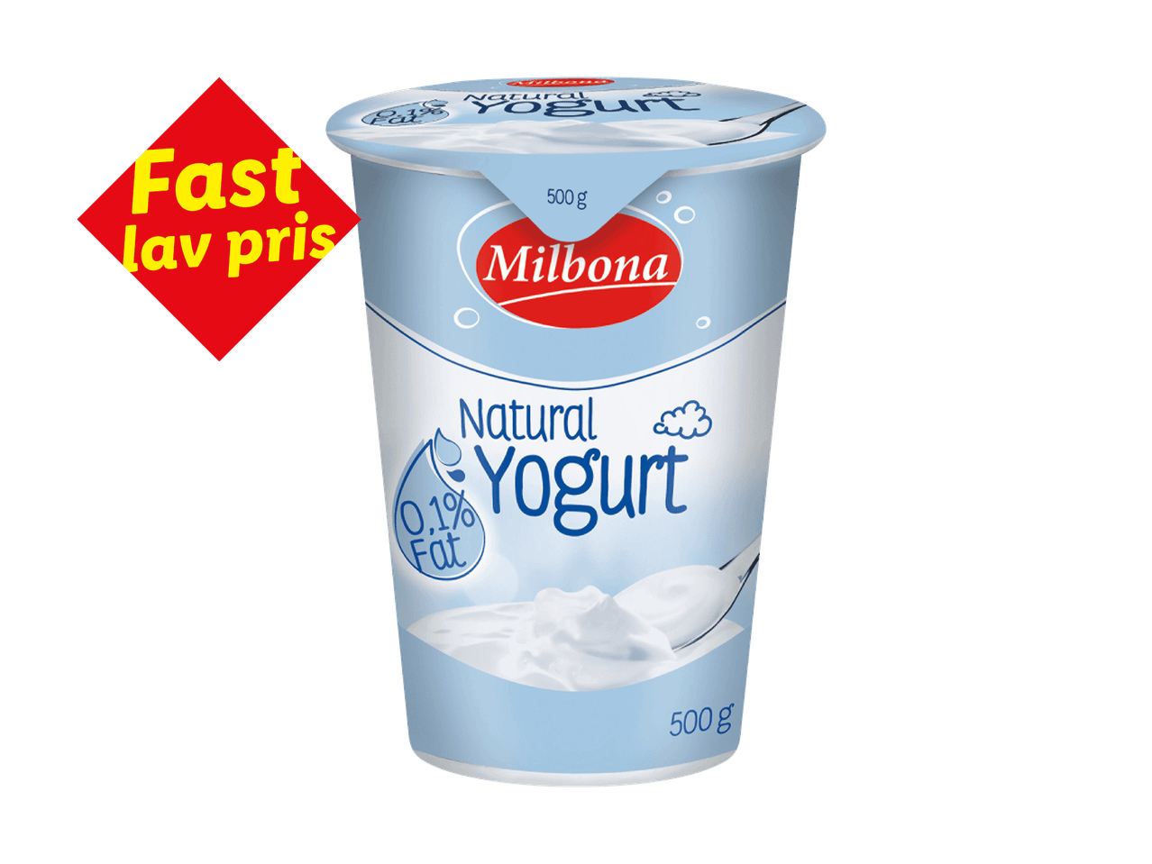Yoghurtbæger med teksten 'Fast lav pris' og 'Natural Yogurt 0.1% Fat'.