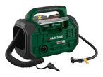 Portable air compressor and inflator with various nozzles and hoses, green and black.